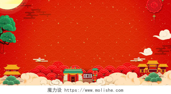 手绘中国建筑新年喜庆插画迎战猪年迎战2019红色背景素材
